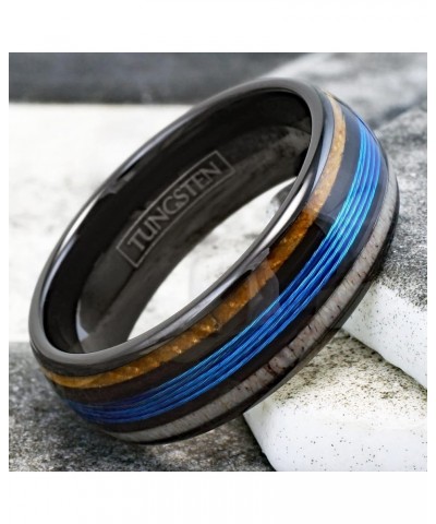 Stunning Unique 6mm/8mm Polished Black Tungsten Carbide Low Dome Band Ring with Fishing Line Between Whiskey Barrel Oak Wood ...