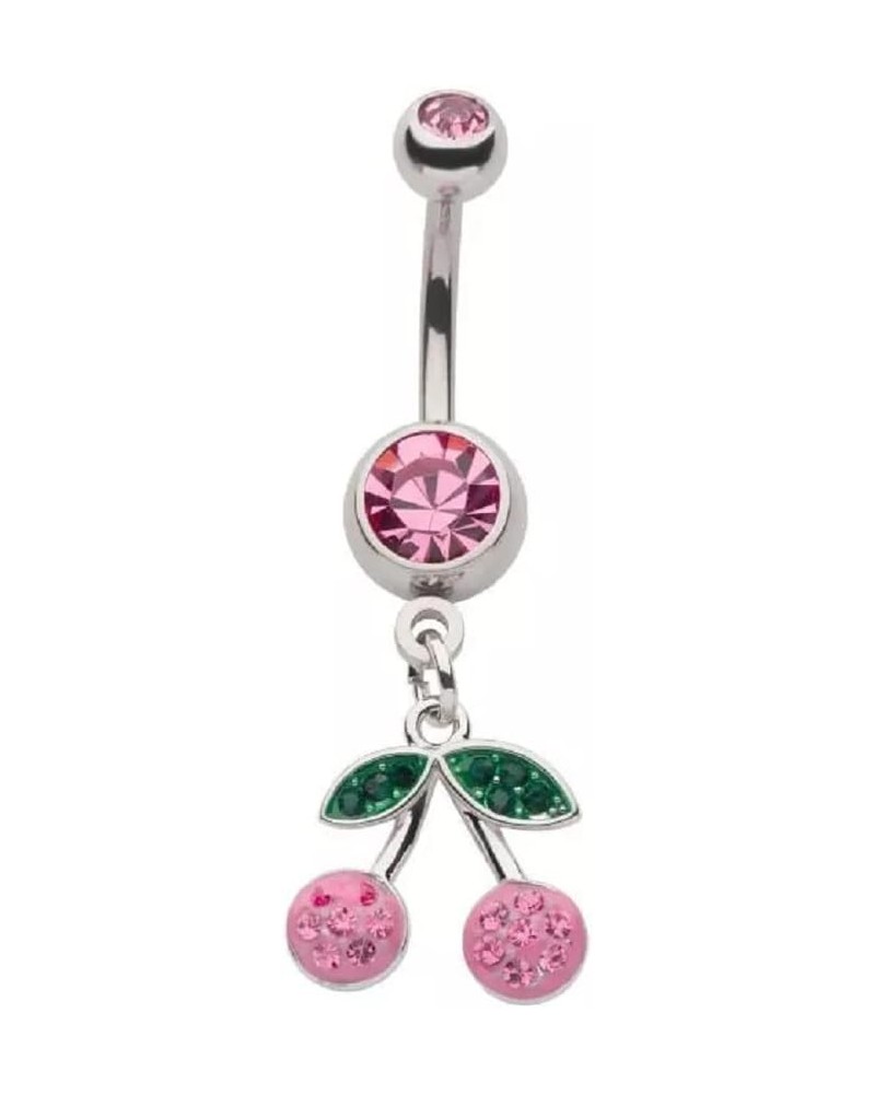 14GA 316L Stainless Steel CZ Crystal Pink Cherry Dangling Belly Button Ring $9.51 Body Jewelry