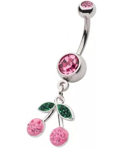 14GA 316L Stainless Steel CZ Crystal Pink Cherry Dangling Belly Button Ring $9.51 Body Jewelry