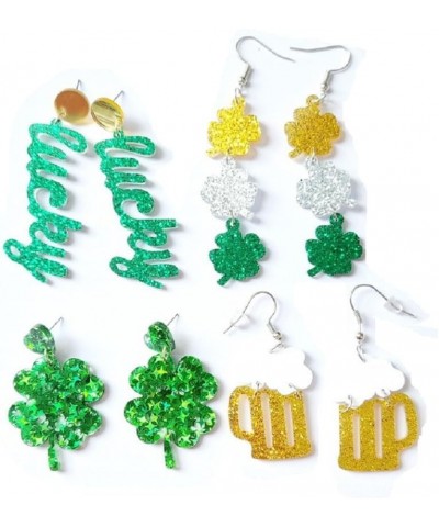 4 Pairs St. Patrick's Day Earrings Set Glitter Green Lucky Clover Acrylic Dangle Earrings Handmade Irish Shamrock Rainbow Cat...