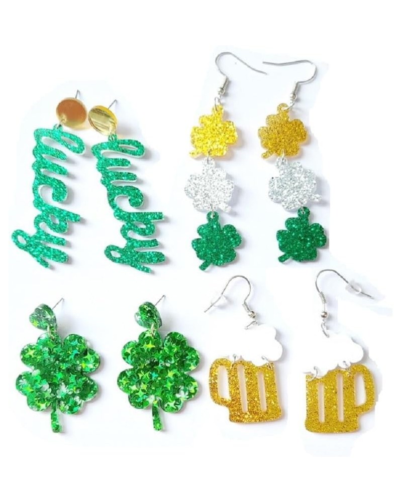 4 Pairs St. Patrick's Day Earrings Set Glitter Green Lucky Clover Acrylic Dangle Earrings Handmade Irish Shamrock Rainbow Cat...