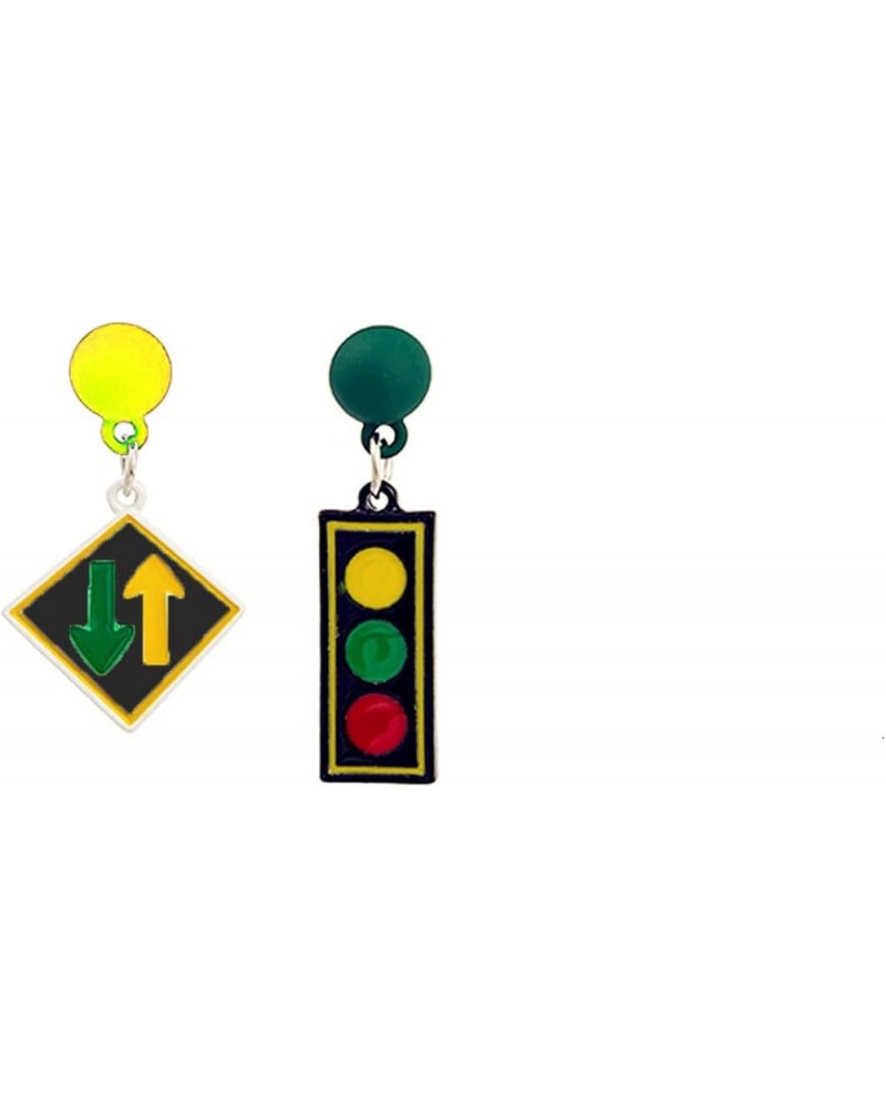 Asymmetric Traffic Light Earrings Funny Statement Mismatched Green Red Yellow Light Enamel Black Traffic Signs Rectangle Rhom...