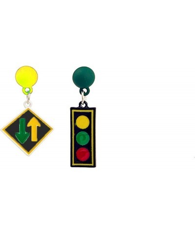 Asymmetric Traffic Light Earrings Funny Statement Mismatched Green Red Yellow Light Enamel Black Traffic Signs Rectangle Rhom...