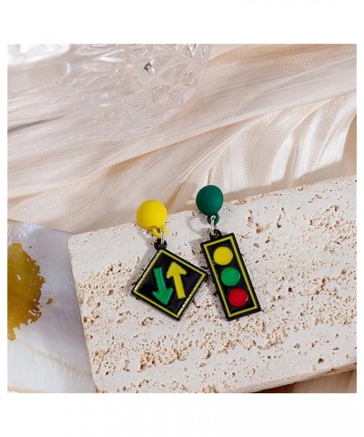 Asymmetric Traffic Light Earrings Funny Statement Mismatched Green Red Yellow Light Enamel Black Traffic Signs Rectangle Rhom...