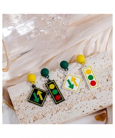 Asymmetric Traffic Light Earrings Funny Statement Mismatched Green Red Yellow Light Enamel Black Traffic Signs Rectangle Rhom...