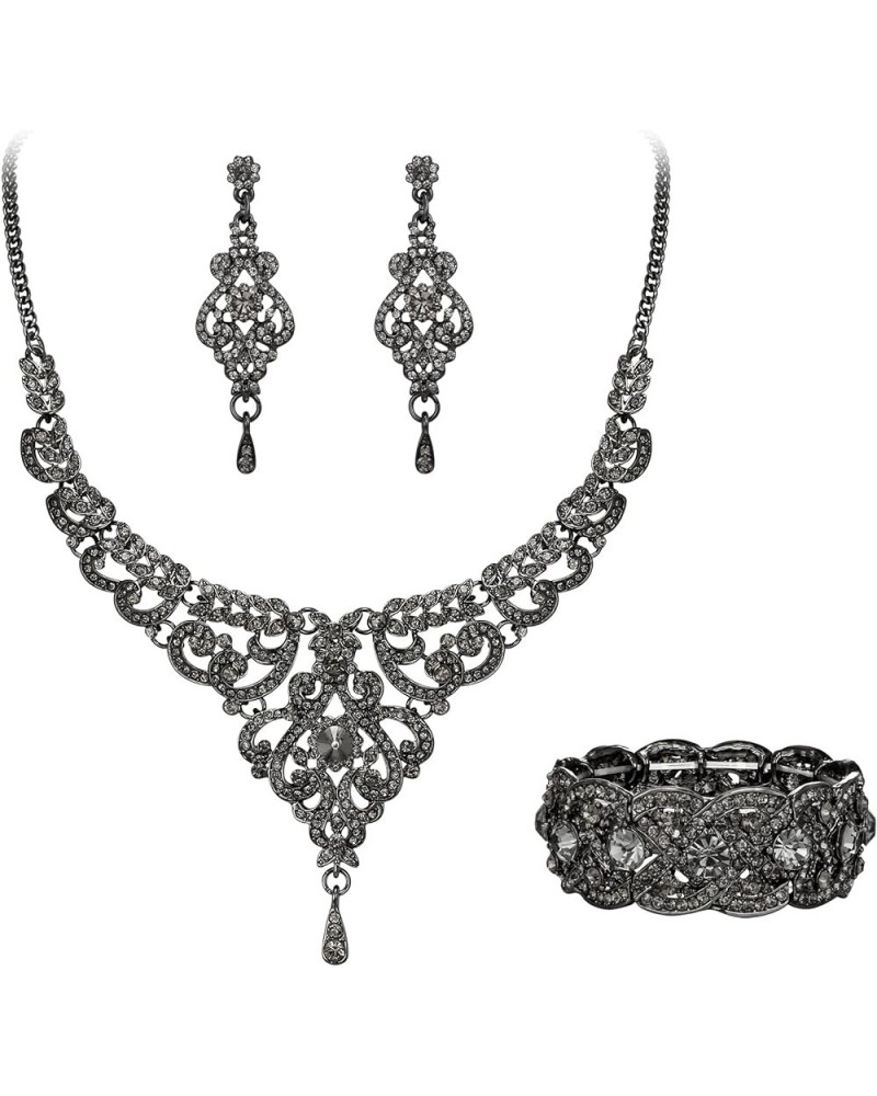 Women's Austrian Crystal Art Deco Bridal Vase Flower Necklace Earrings Set Earrings+Necklace+Bracelet_Grey Black-Tone $17.97 ...