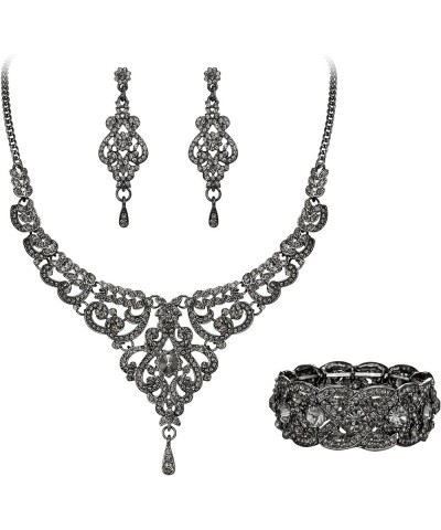 Women's Austrian Crystal Art Deco Bridal Vase Flower Necklace Earrings Set Earrings+Necklace+Bracelet_Grey Black-Tone $17.97 ...