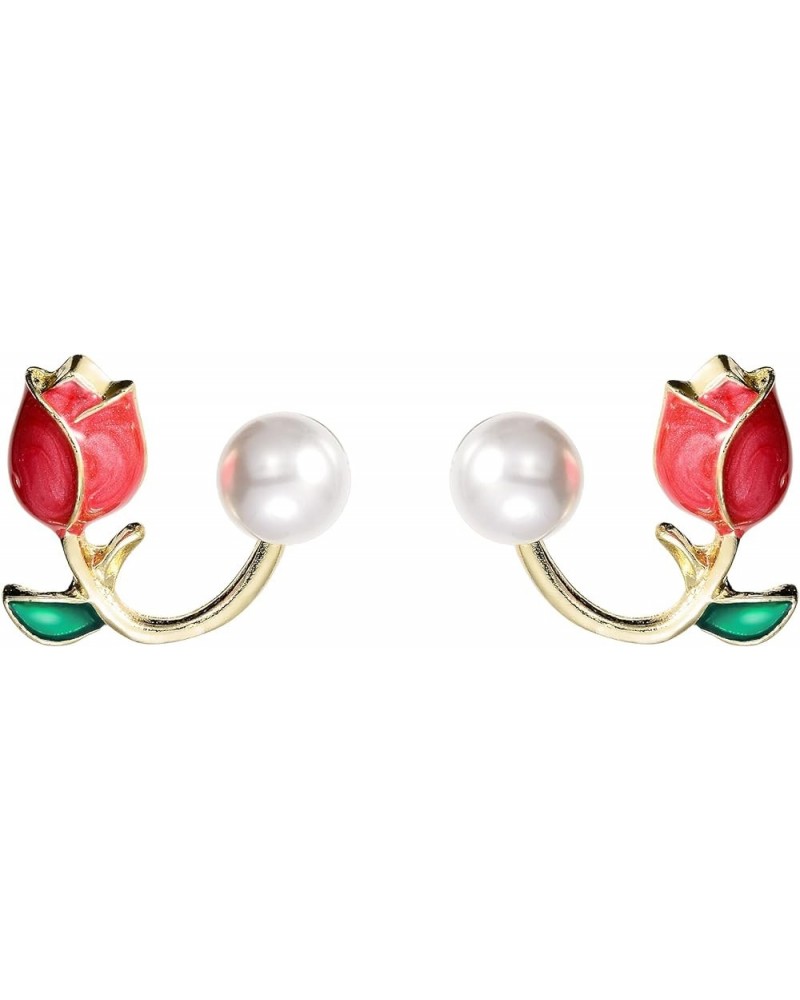 Tulip Pearl Stud Earrings Pearl Pink Flower Stud Earrings Hypoallergenic Lightweight Earrings Fashion Pearl Ear Hook Ear Cuff...