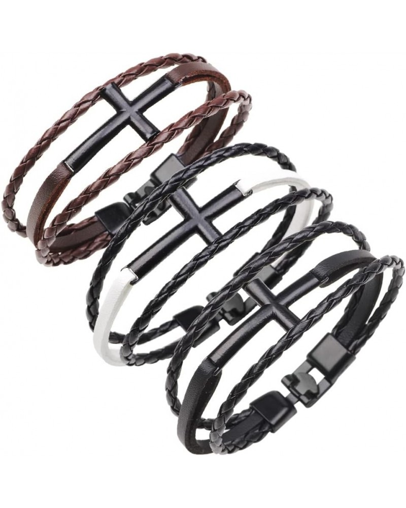 3PCS/Set Punk Cool Leather Woven Bracelet for Men/Women Vintage Cross Braided Wrist Cuff Bangle Black Brown White $8.63 Brace...