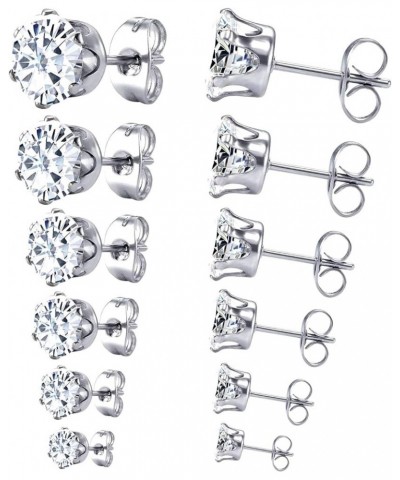 6 Pairs Stainless Steel Stud Earrings Hypoallergenic Cubic Zirconia 316L Earrings Stainless Steel CZ Earrings 3-8mm for Women...