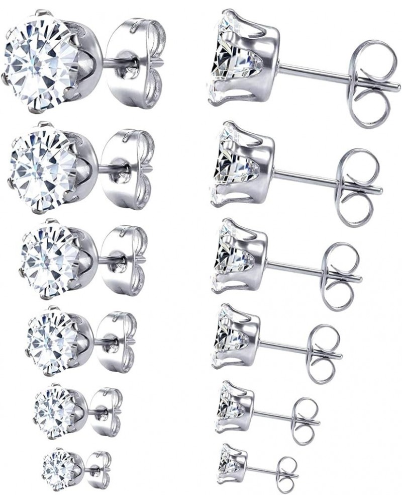 6 Pairs Stainless Steel Stud Earrings Hypoallergenic Cubic Zirconia 316L Earrings Stainless Steel CZ Earrings 3-8mm for Women...