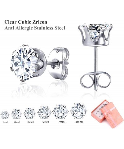 6 Pairs Stainless Steel Stud Earrings Hypoallergenic Cubic Zirconia 316L Earrings Stainless Steel CZ Earrings 3-8mm for Women...