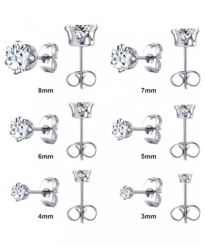 6 Pairs Stainless Steel Stud Earrings Hypoallergenic Cubic Zirconia 316L Earrings Stainless Steel CZ Earrings 3-8mm for Women...