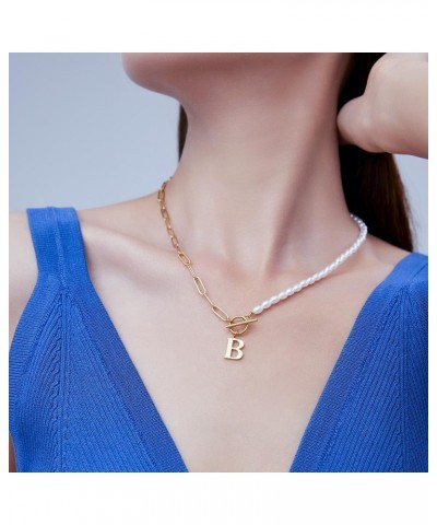 Initial Pearl Pendant Necklace for Women, 14K Gold Plated Paperclip Link Chain Necklace Choker Toggle Clasp Necklace Dainty P...