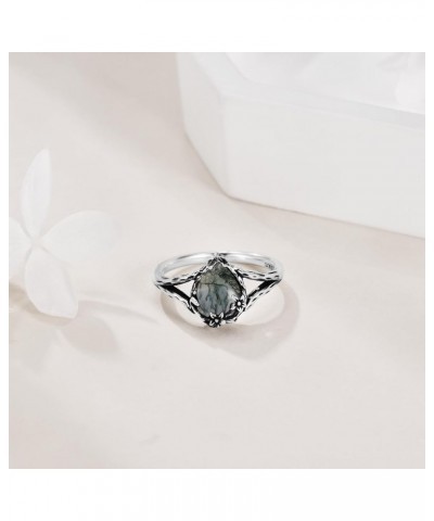 Teardrop Moss Agate Ring Sterling Silver Engagement Ring Green Gemstone Wedding Ring for Women Green $12.40 Rings