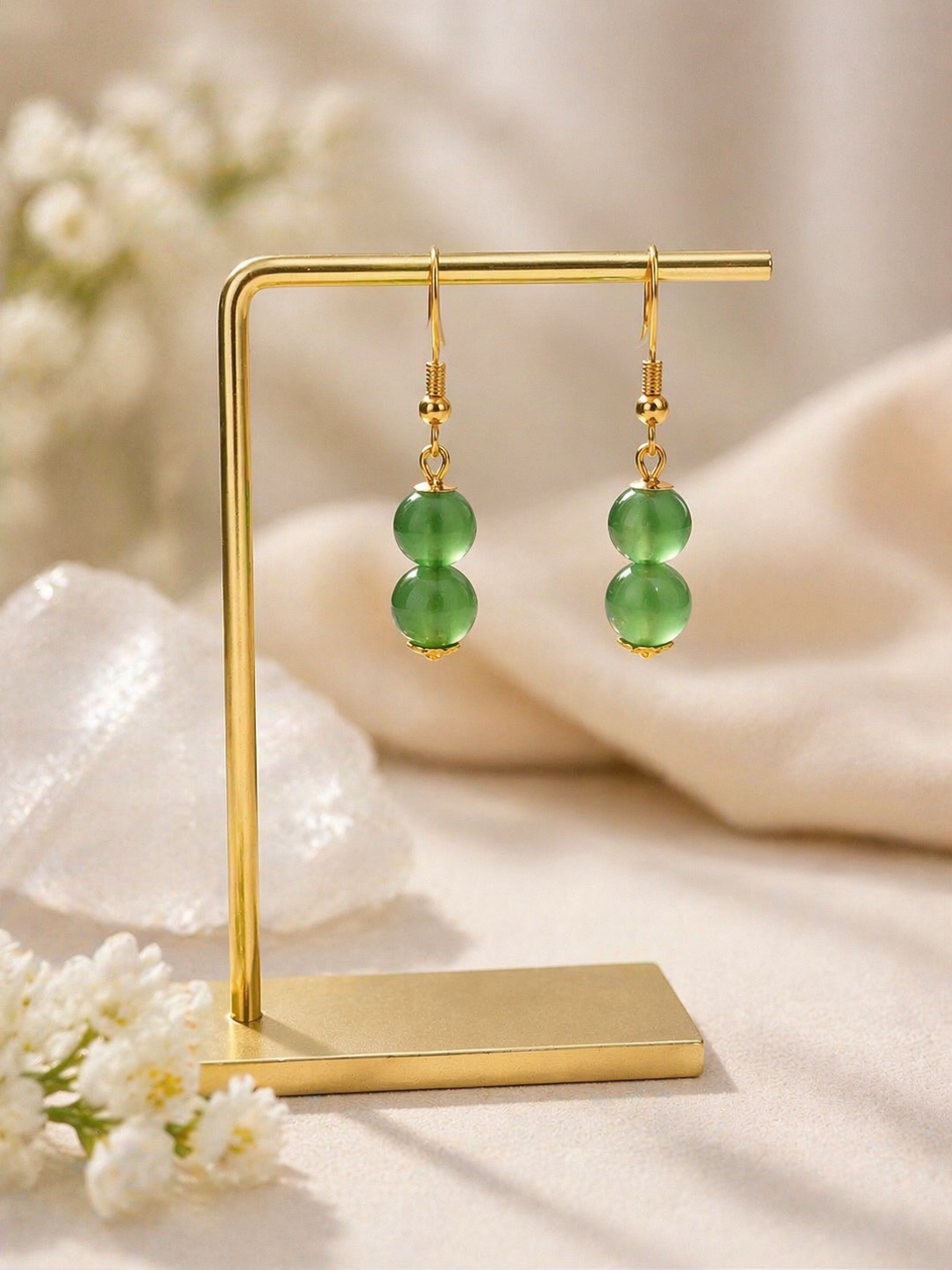 Handmade Green Glass Jade Sphere Hook Earrings