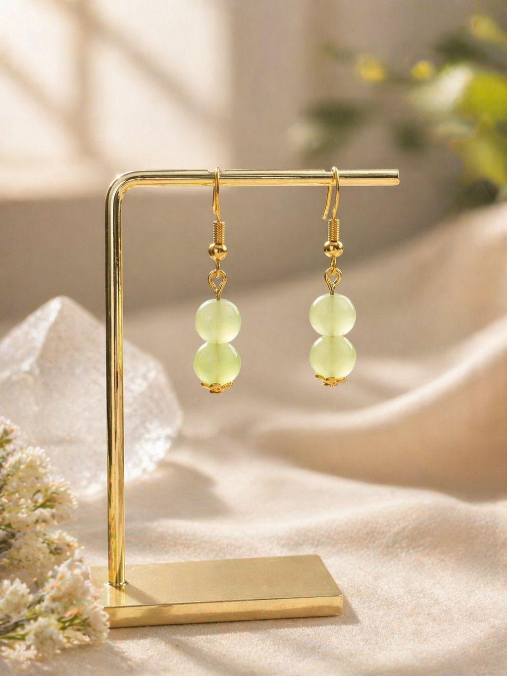 Handmade Light Green Glass Jade Sphere Hook Earrings