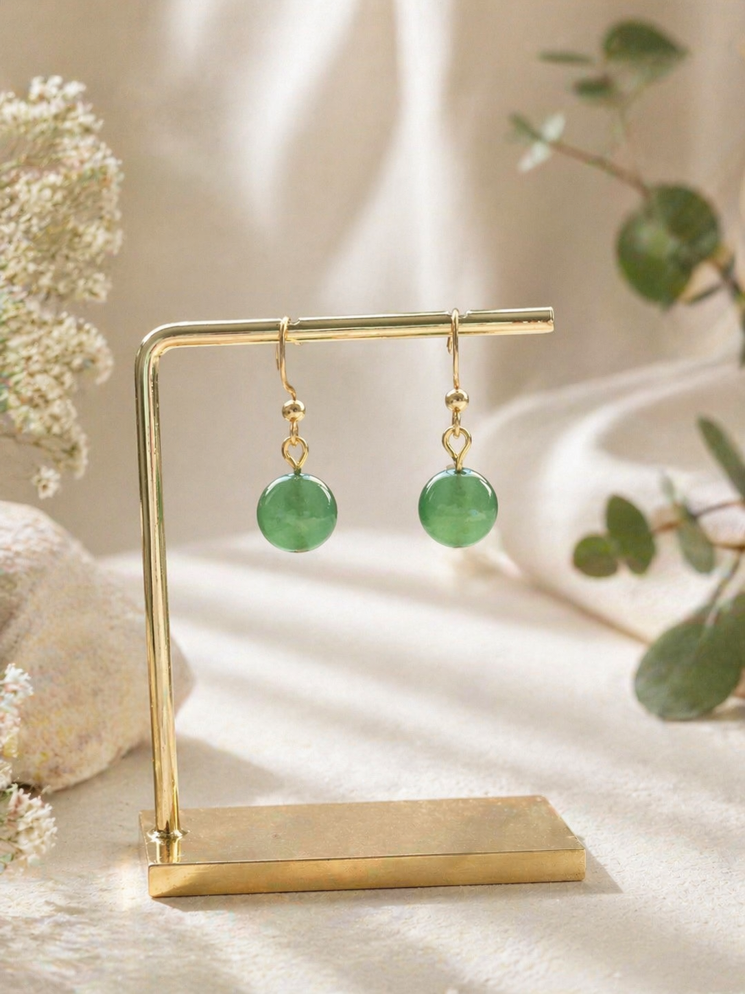Handmade Green Glass Jade Sphere Hook Earrings