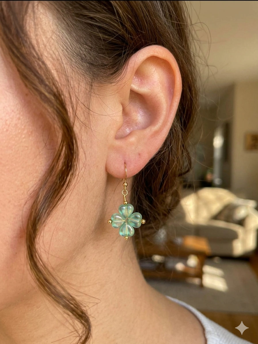 Handmade Mint Green Flower Dangle Earrings | Gold Hook Floral Earrings