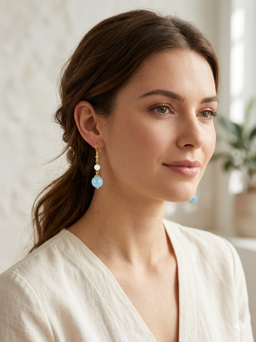 Elegant Natural Aquamarine Bead Earrings(Long)