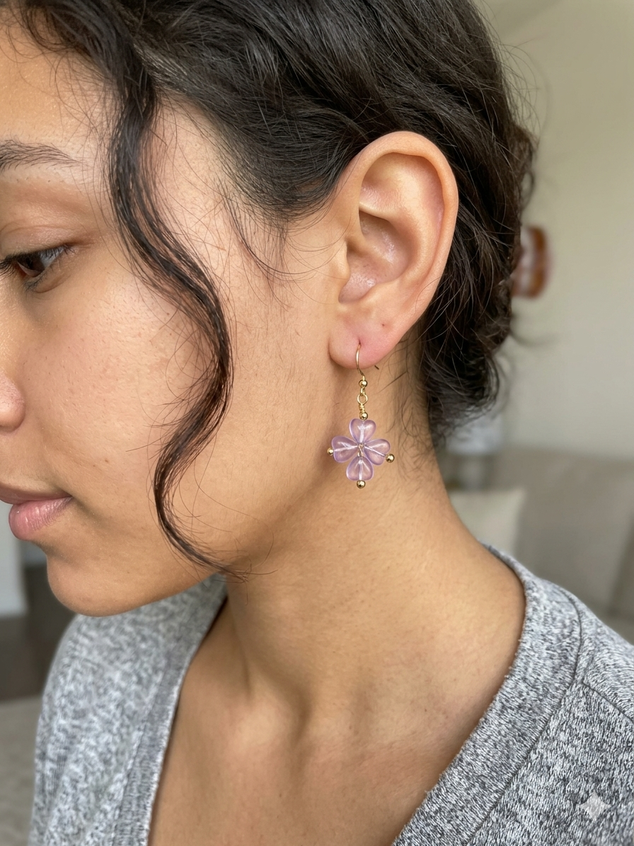 Handmade Lavender Flower Dangle Earrings | Gold Hook Floral Earrings