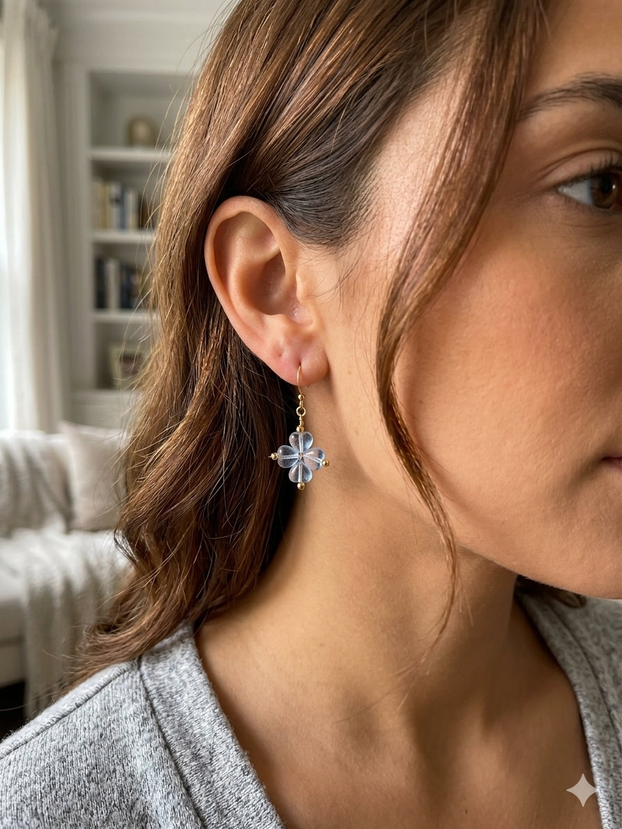 Handmade Sky Blue Flower Dangle Earrings | Gold Hook Floral Earrings