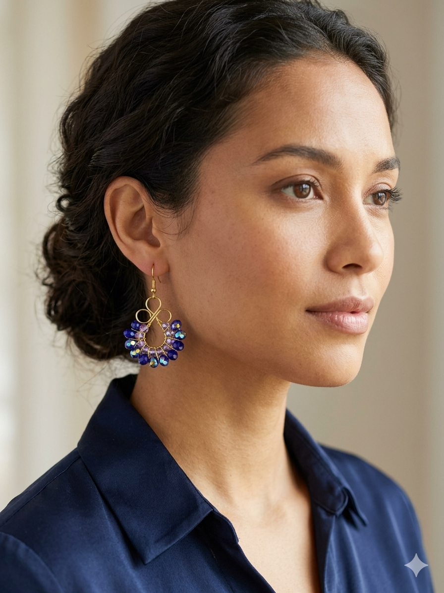 Handmade Dark Blue Crystal Wreath Earrings
