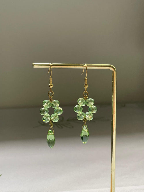 Handcrafted Green/Soft Pink Crystal Earrings