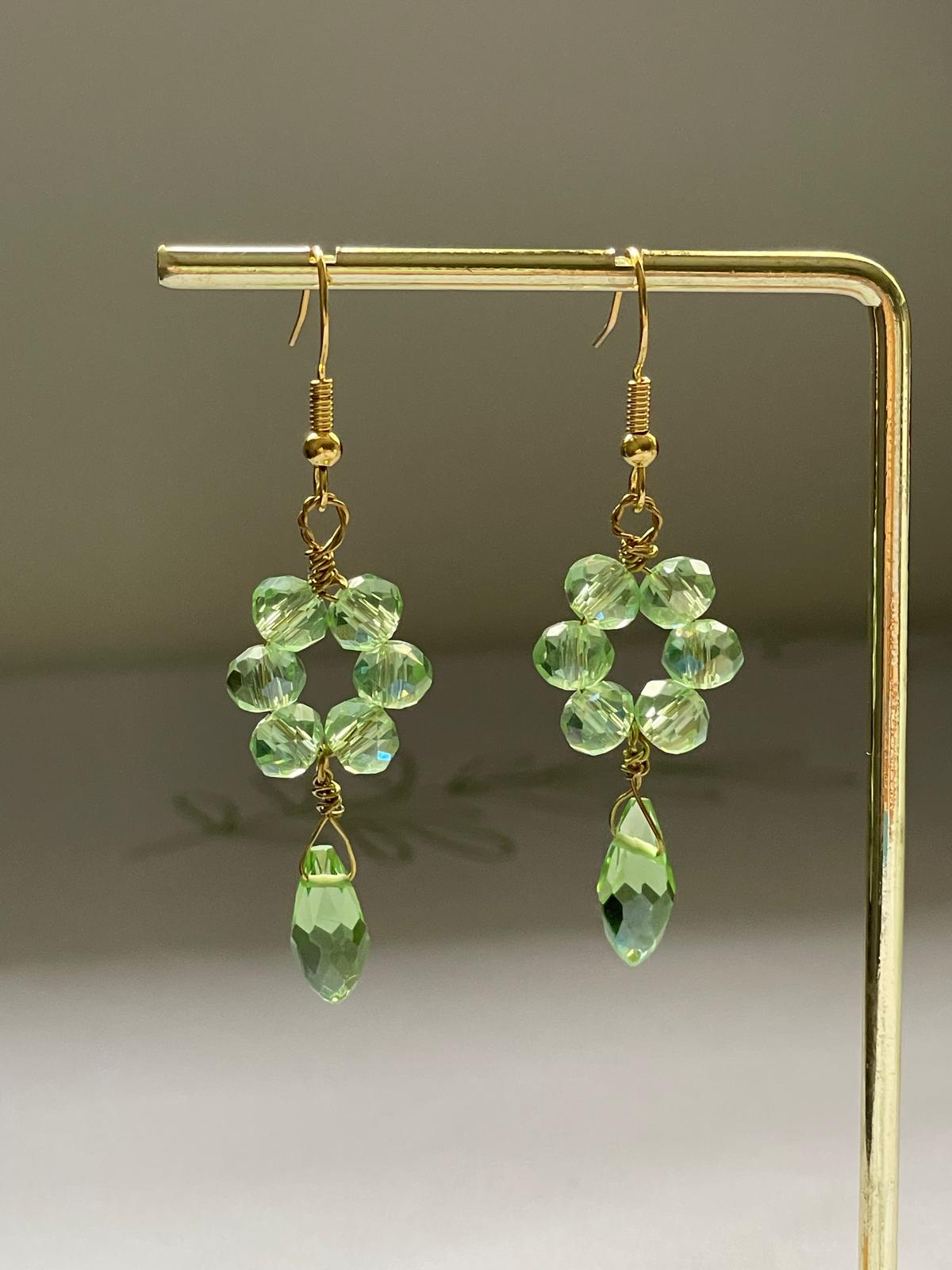 Handcrafted Green/Soft Pink Crystal Earrings