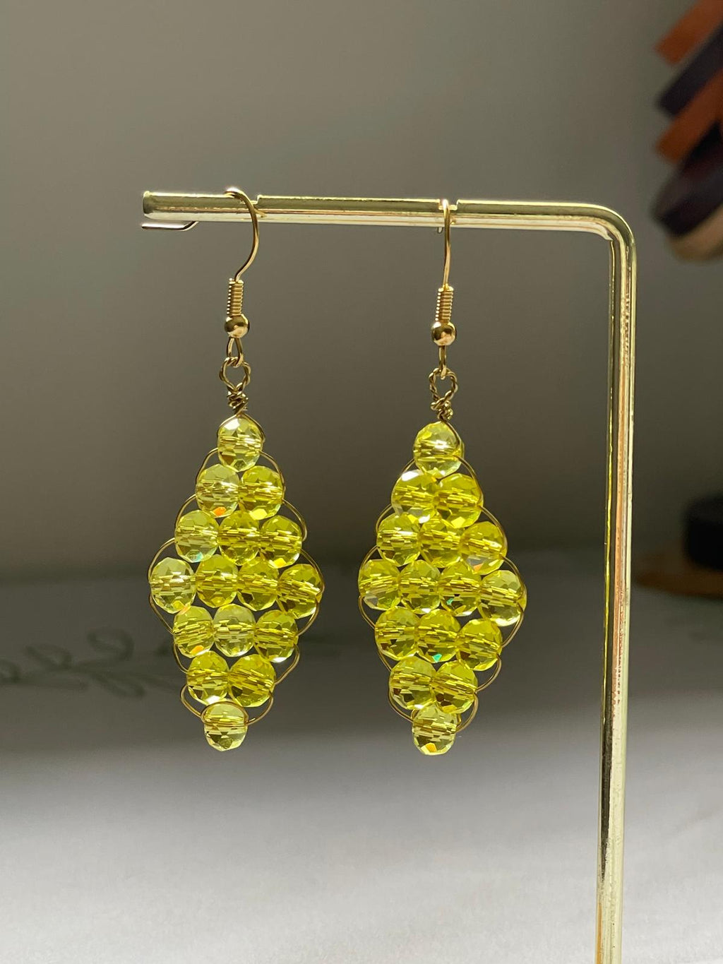 Handwired Green Crystal Earrings( Yellow)