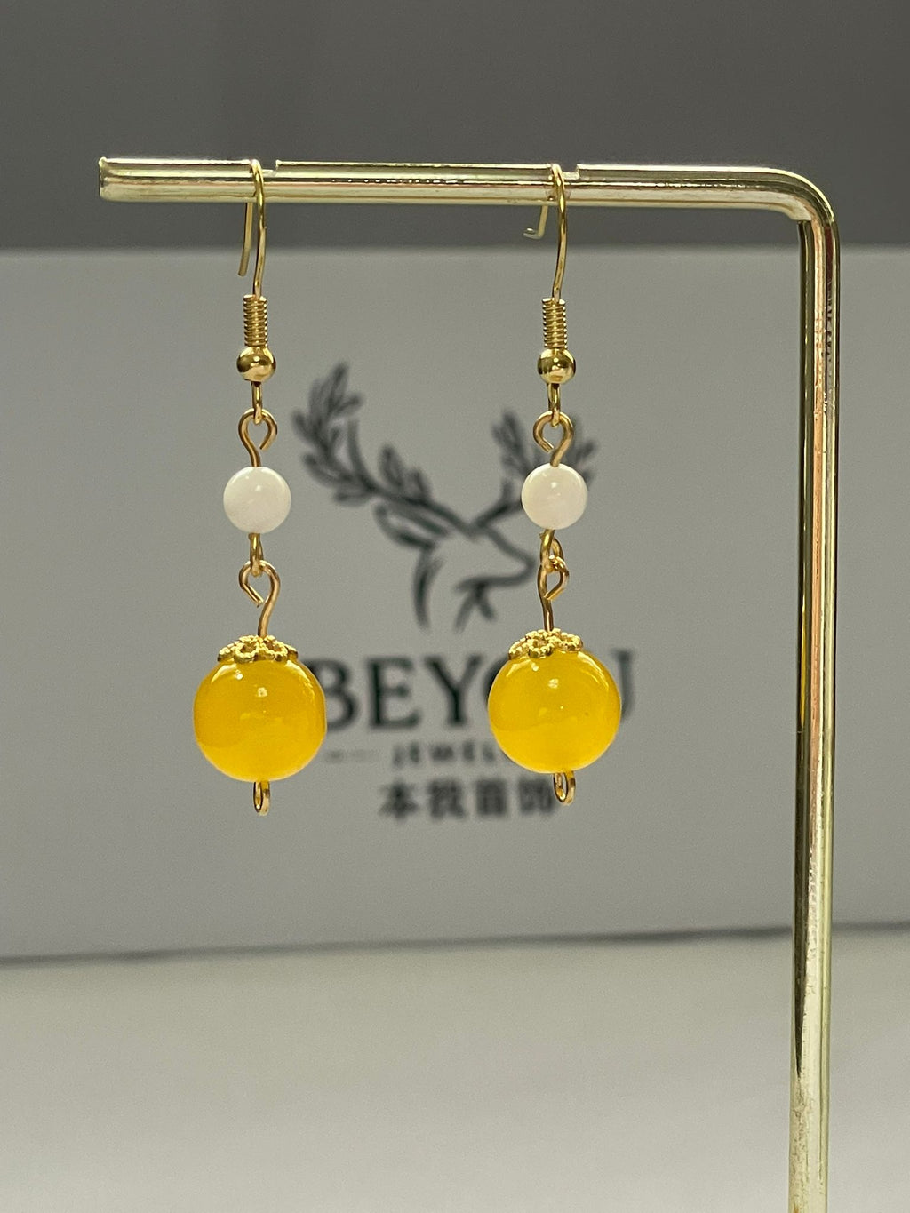 Yellow & White Bead Chain Drops Earrings