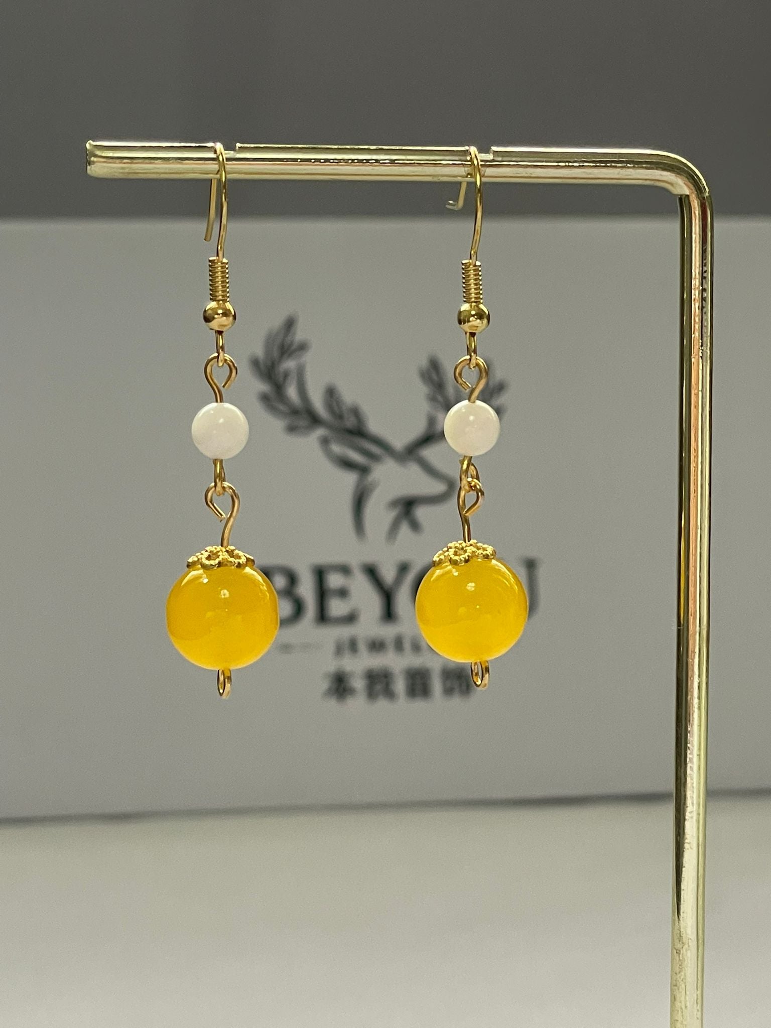 Yellow & White Bead Chain Drops Earrings