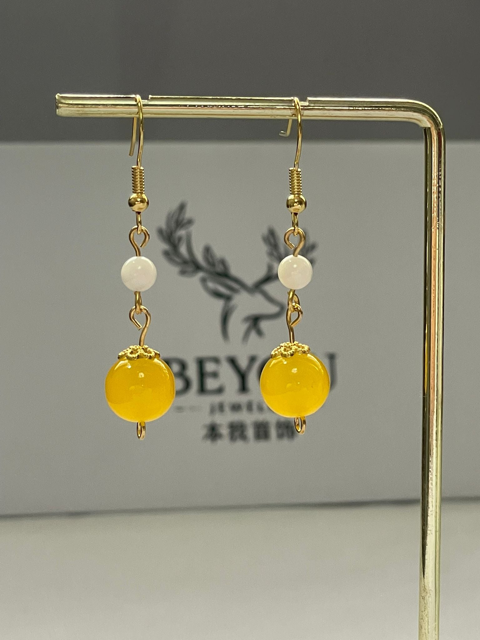 Yellow & White Bead Chain Drops Earrings
