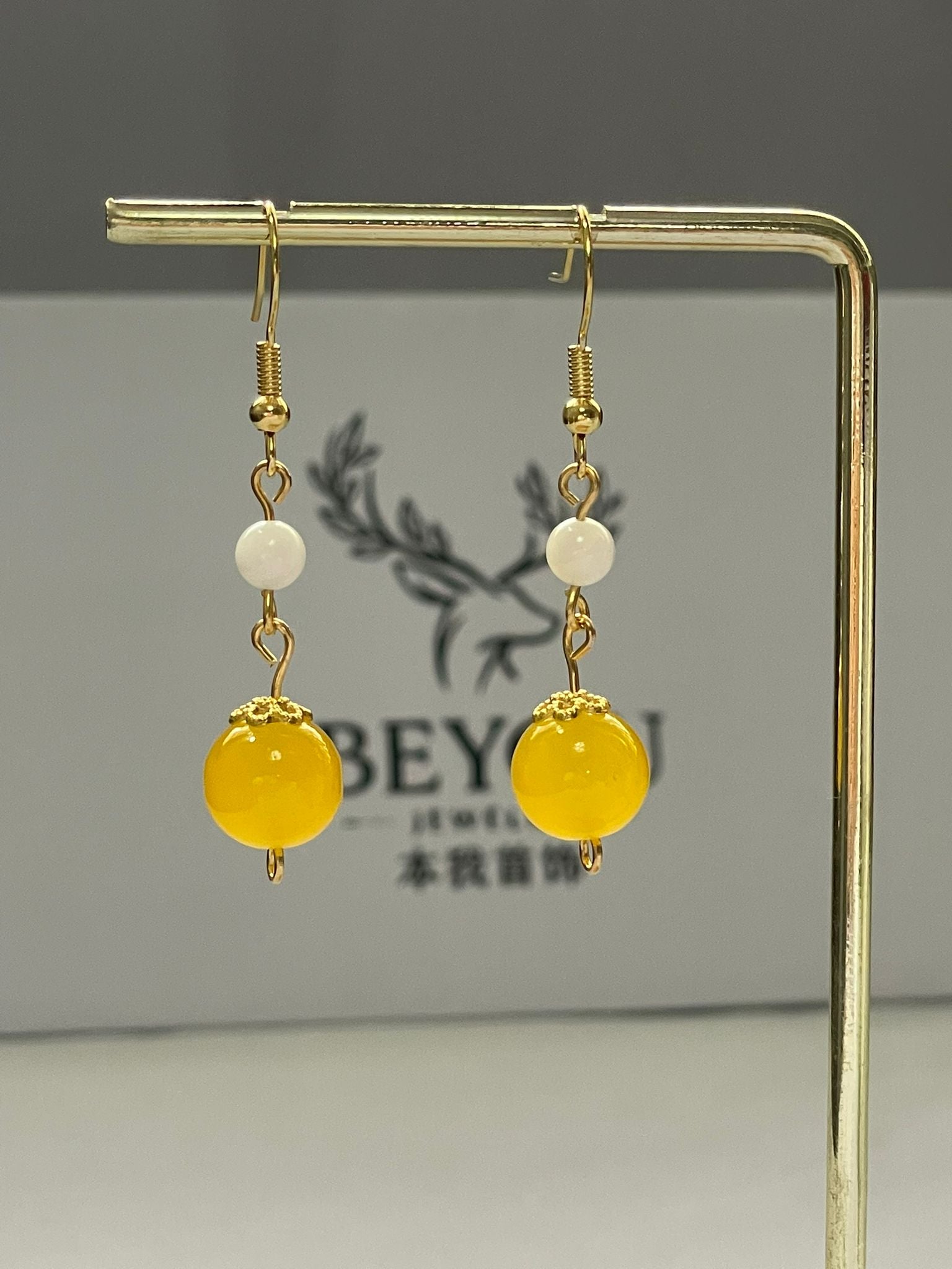 Yellow & White Bead Chain Drops Earrings