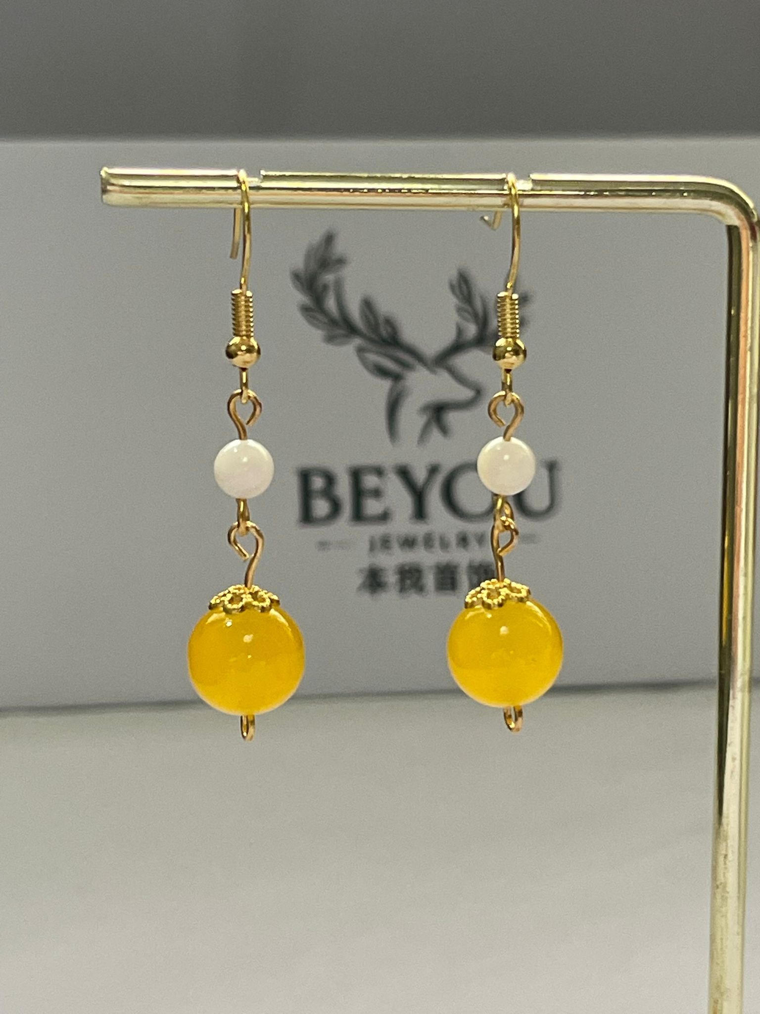 Yellow & White Bead Chain Drops Earrings