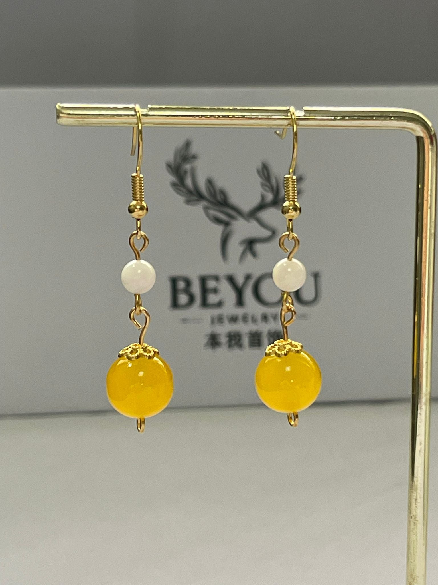 Yellow & White Bead Chain Drops Earrings