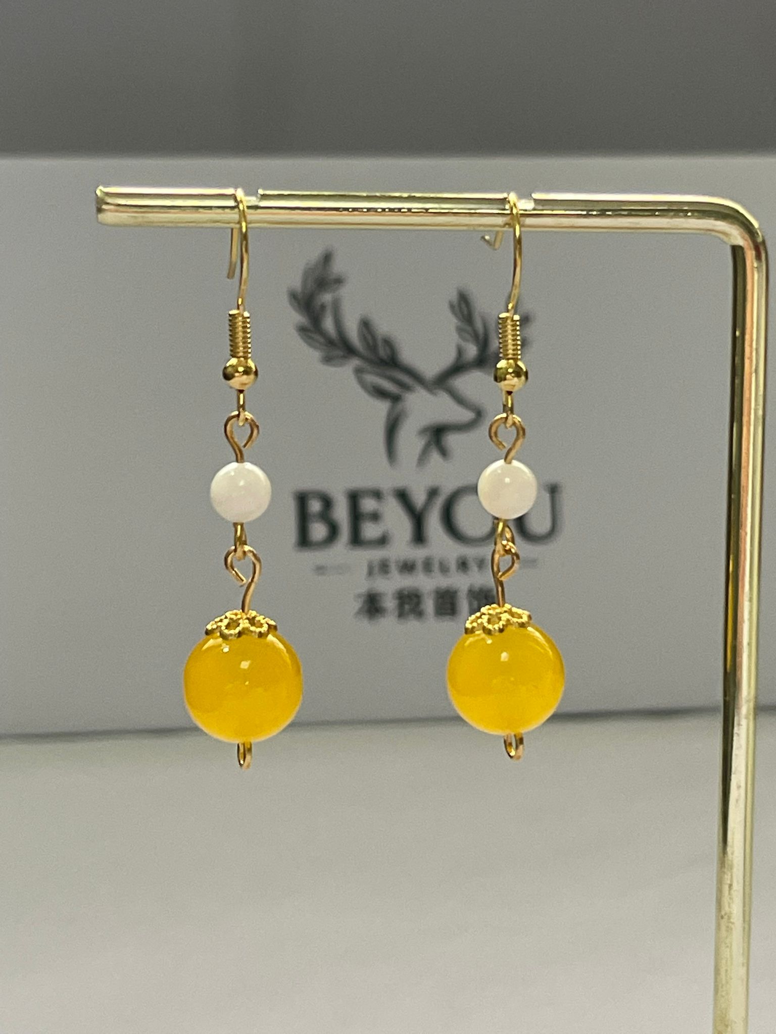 Yellow & White Bead Chain Drops Earrings