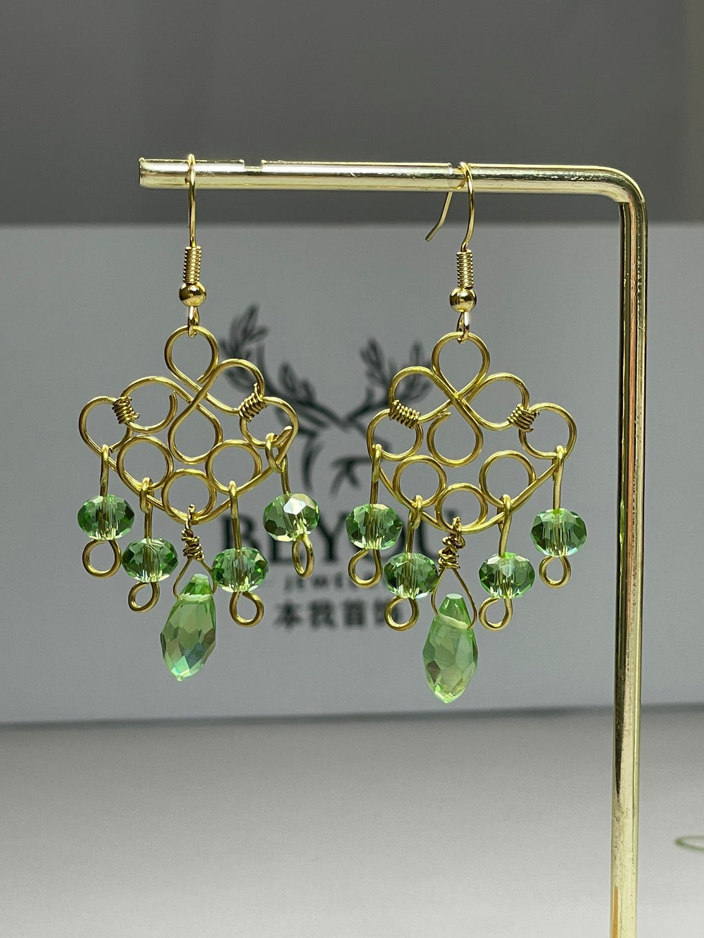 Green Crystal Gold Wire Earrings