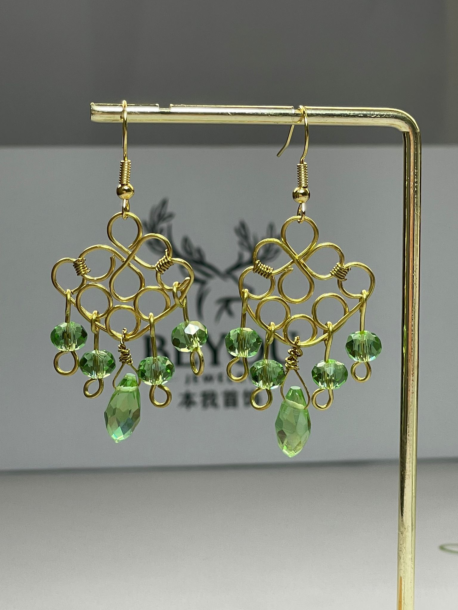 Green Crystal Gold Wire Earrings