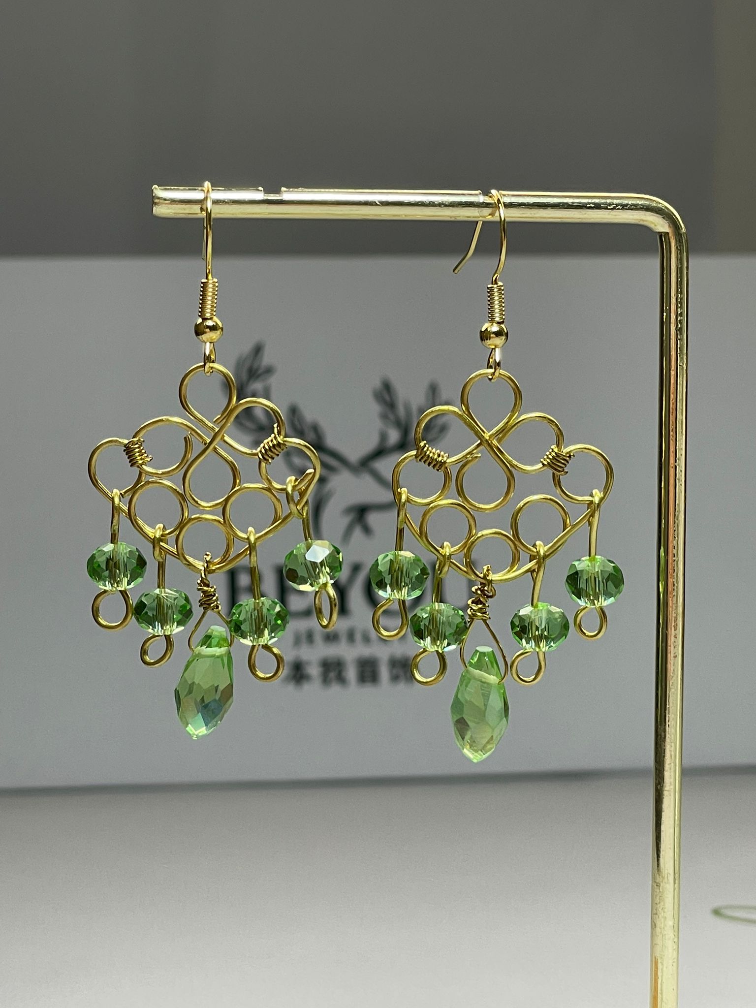 Green Crystal Gold Wire Earrings