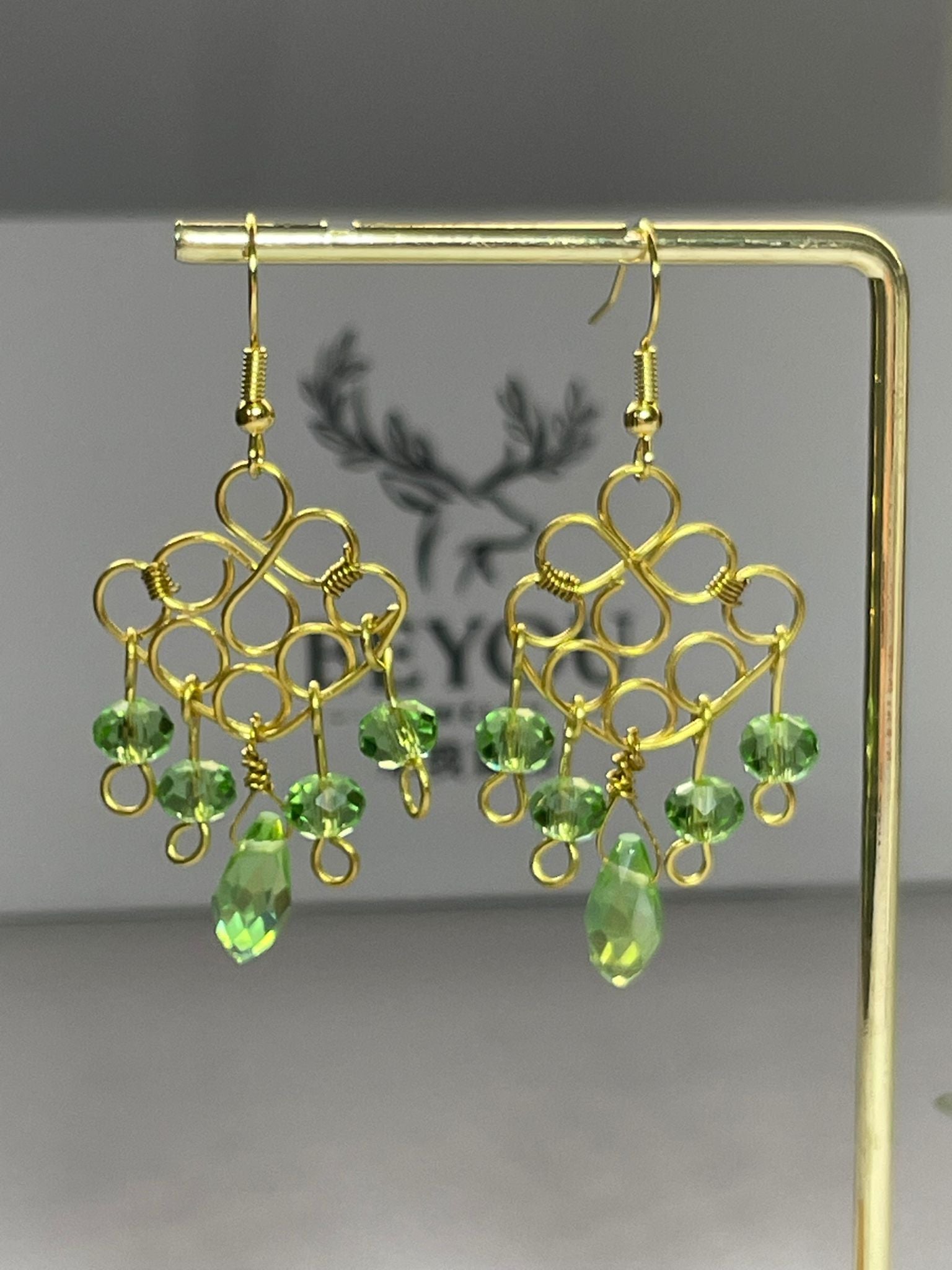 Green Crystal Gold Wire Earrings