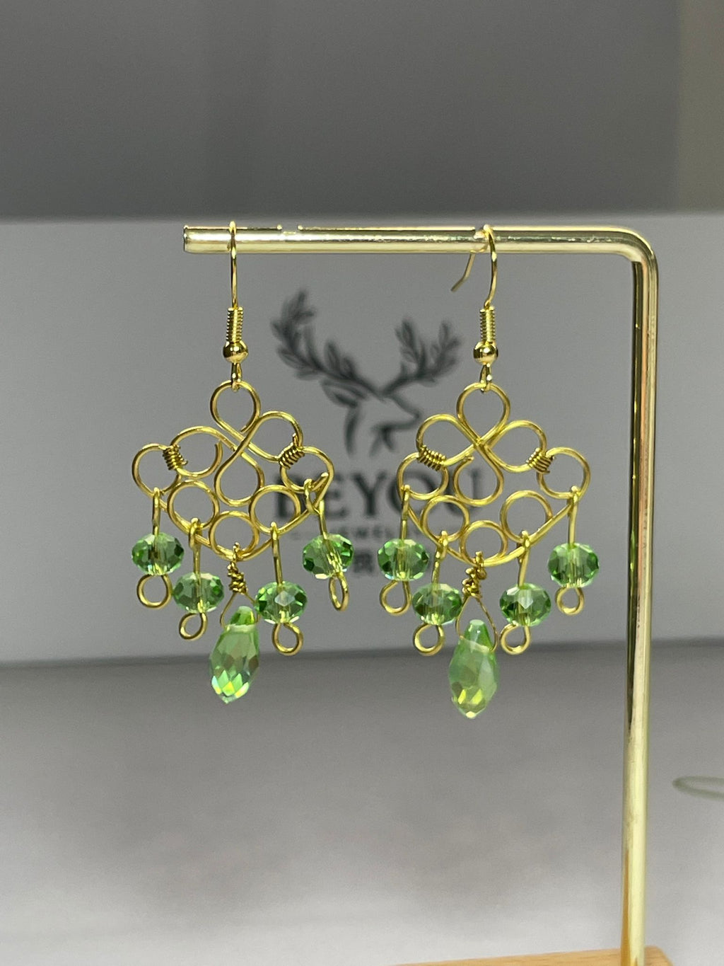 Green Crystal Gold Wire Earrings