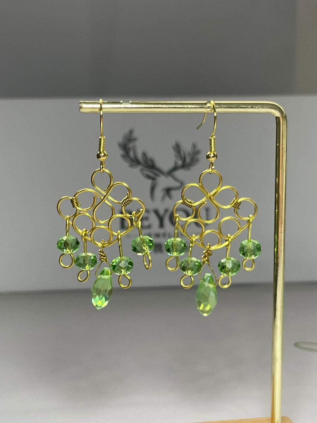 Green Crystal Gold Wire Earrings