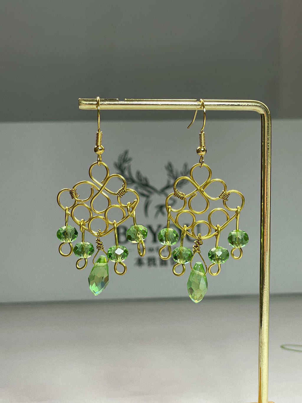 Green Crystal Gold Wire Earrings