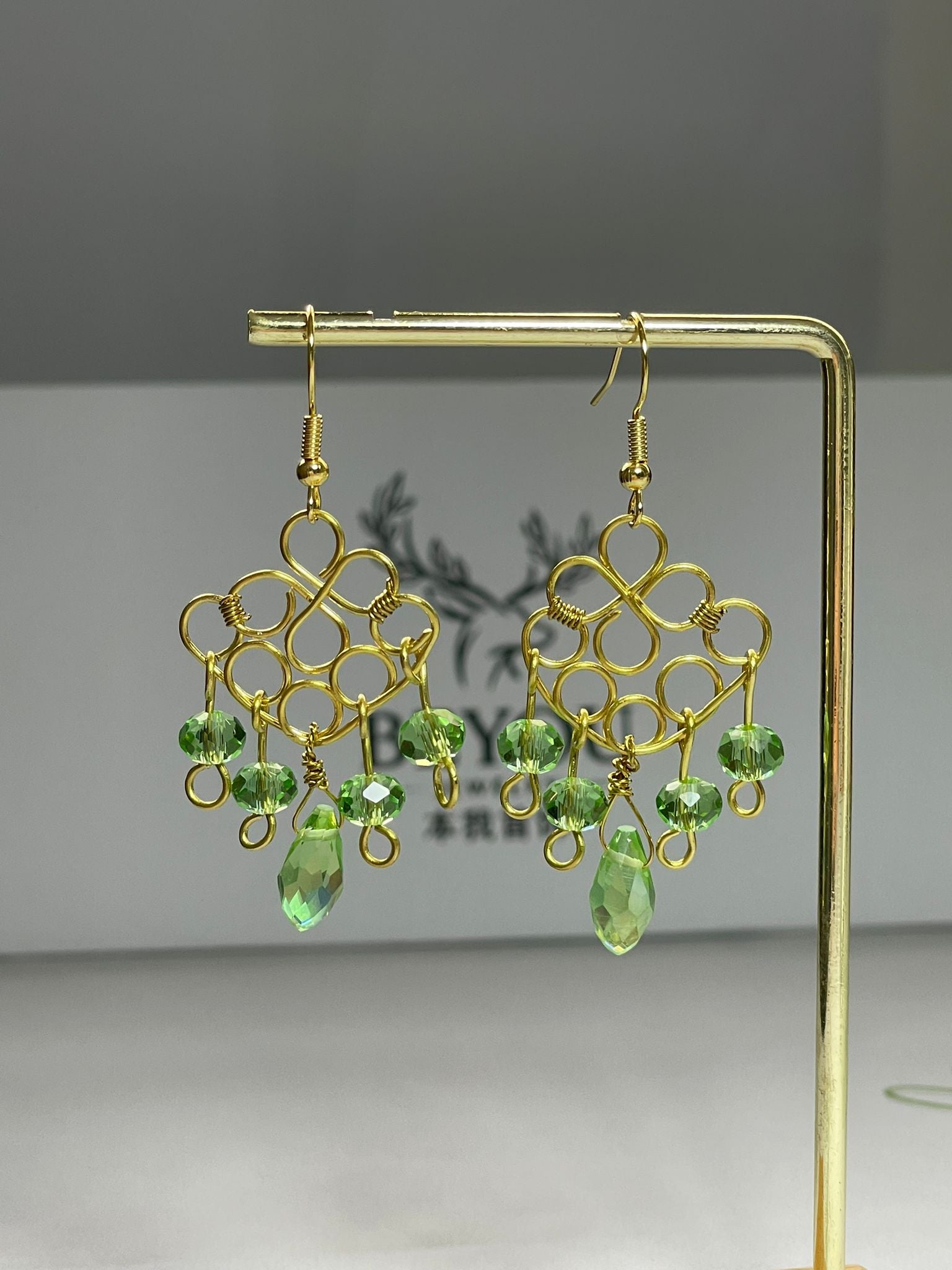 Green Crystal Gold Wire Earrings