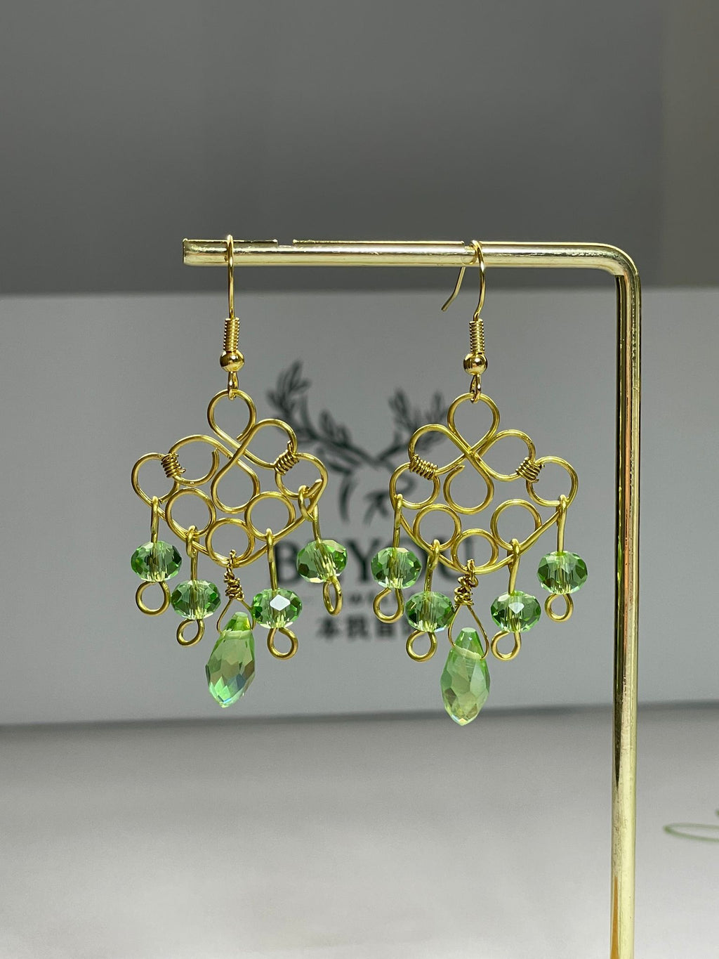 Green Crystal Gold Wire Earrings