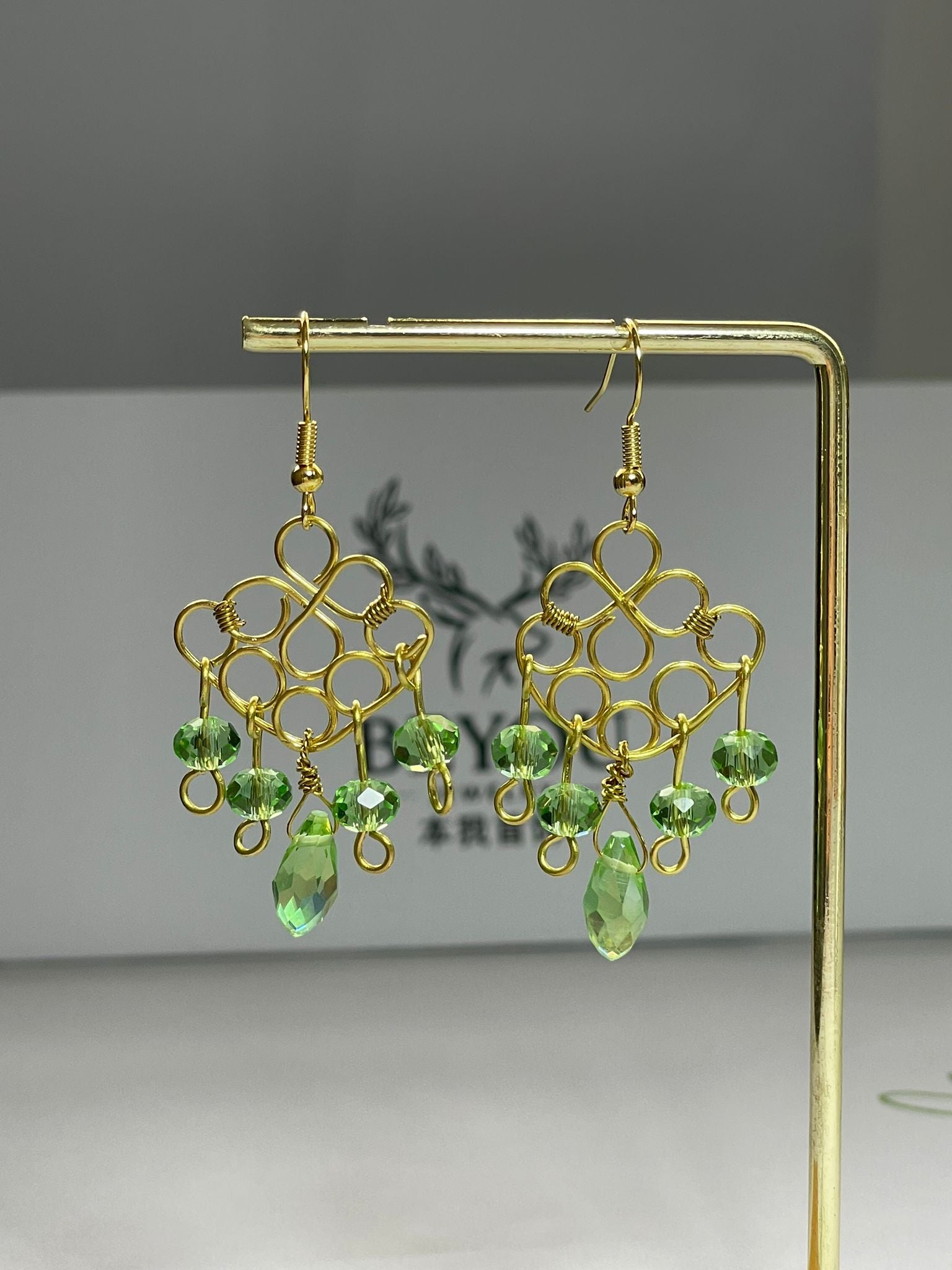 Green Crystal Gold Wire Earrings