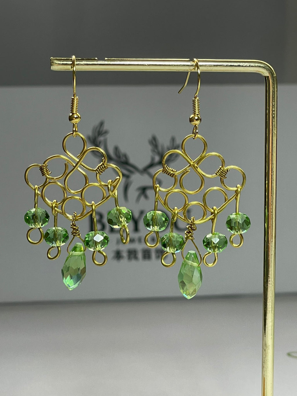 Green Crystal Gold Wire Earrings