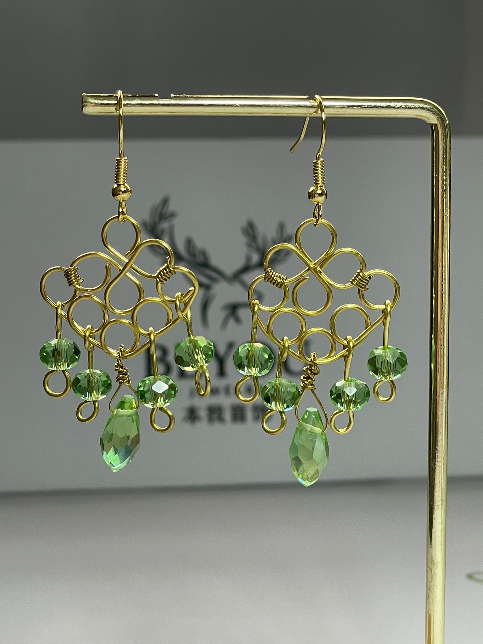Green Crystal Gold Wire Earrings