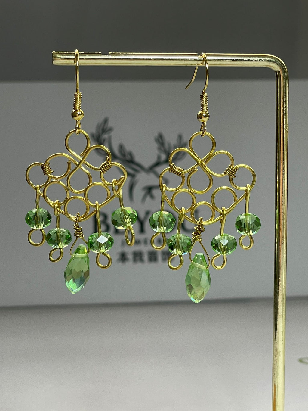 Green Crystal Gold Wire Earrings